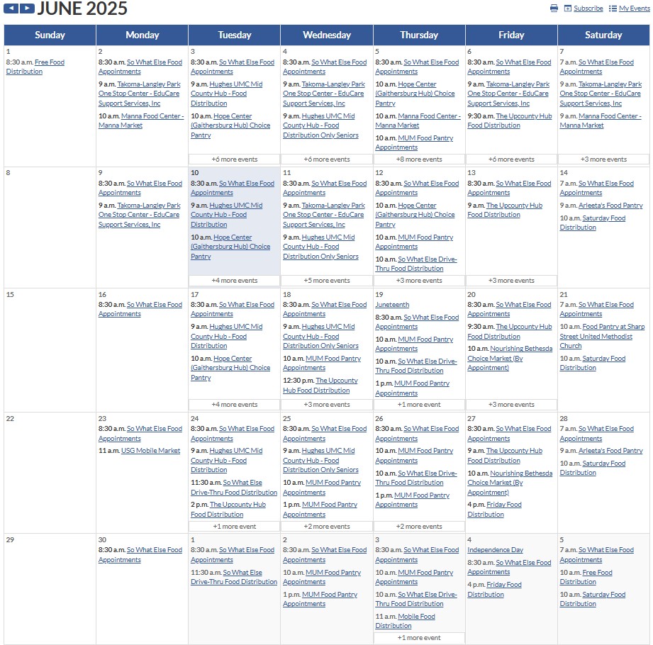 Screenshot of June 2025 Montgomery County food distribution calendar